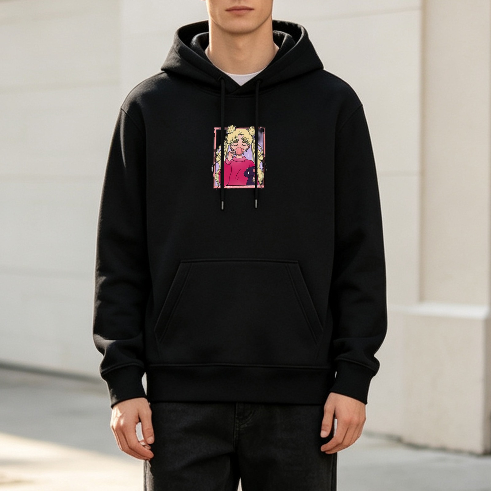 Black hoodie with Sailor Moon yawning graphic print