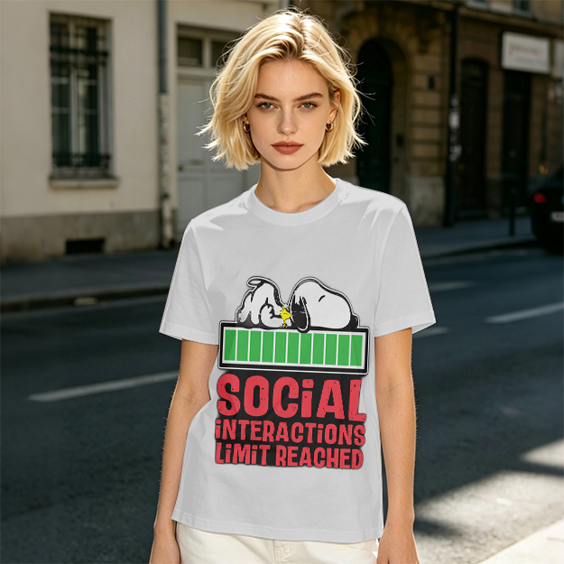 Olive t-shirt with Snoopy 'Social Interactions Limit Reached' print