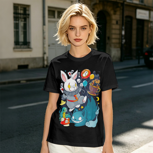 Alice in Wonderland Themed Graphic T-Shirt with Whimsical Characters