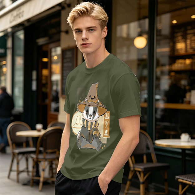 Olive T-Shirt With Cute Wizard Badger Graphic Print