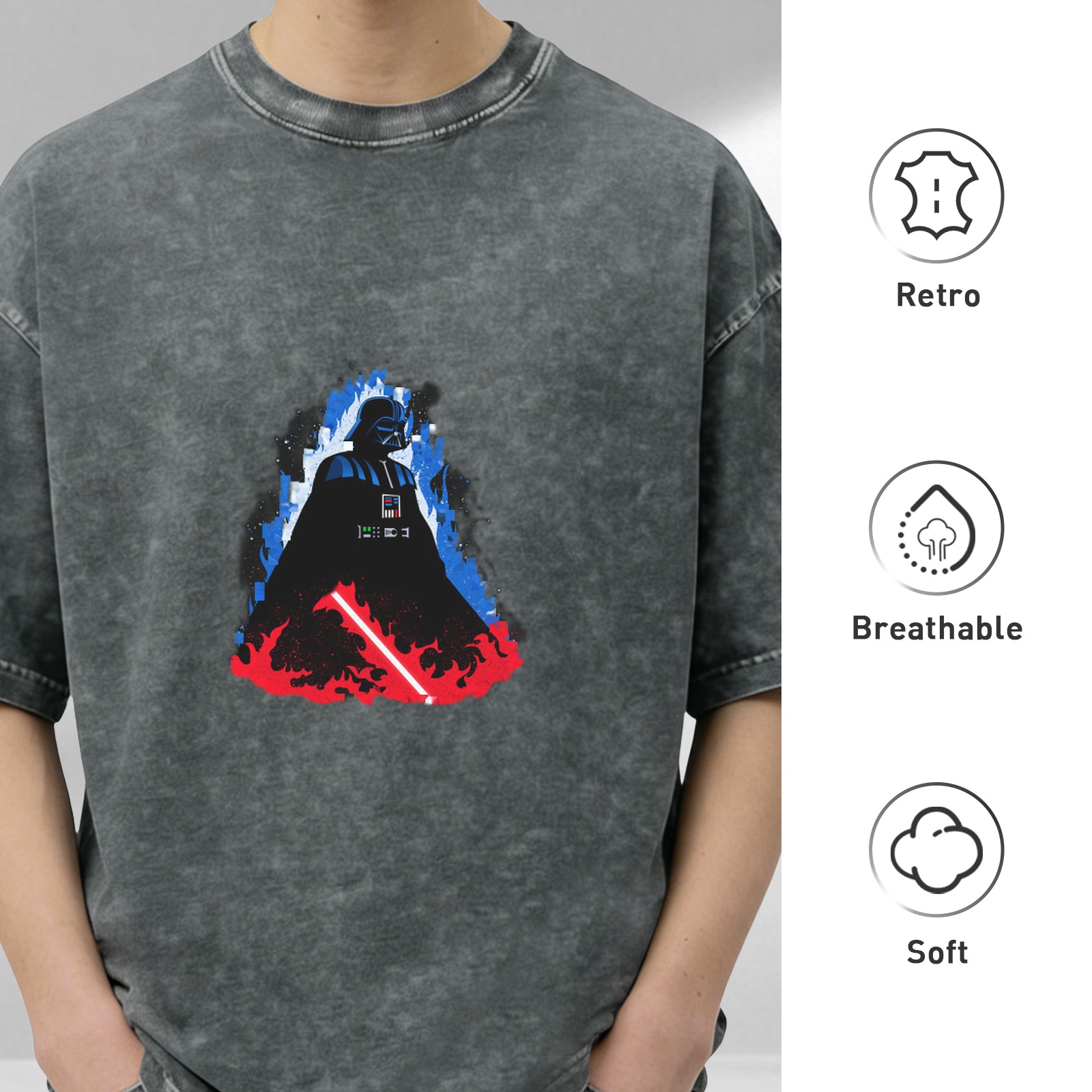 Washed Black T-Shirt with Darth Vader Graphic Design