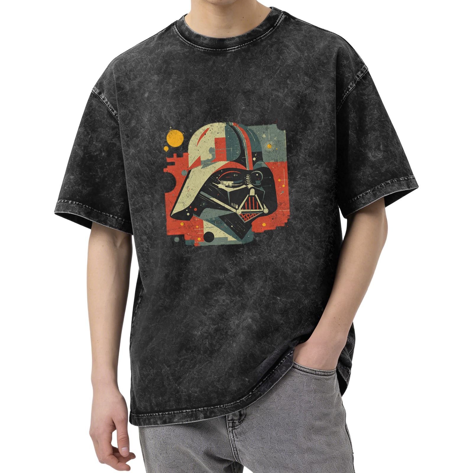 Washed Black T-Shirt with Retro Darth Vader Graphic