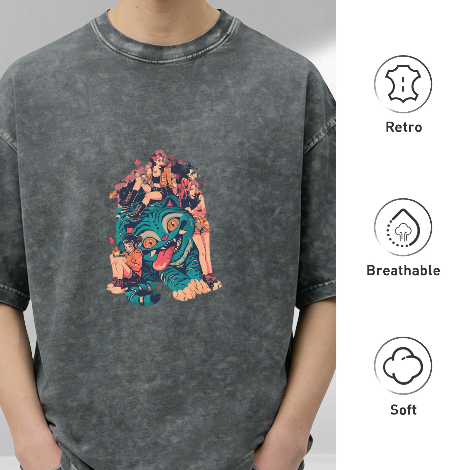 Distressed black loose short-sleeved T-shirt Cartoon fantasy monster girl print Street fashion casual top
