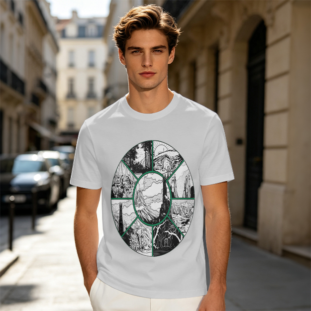 Olive Green T-Shirt With Circular Fantasy Landscape Art Print