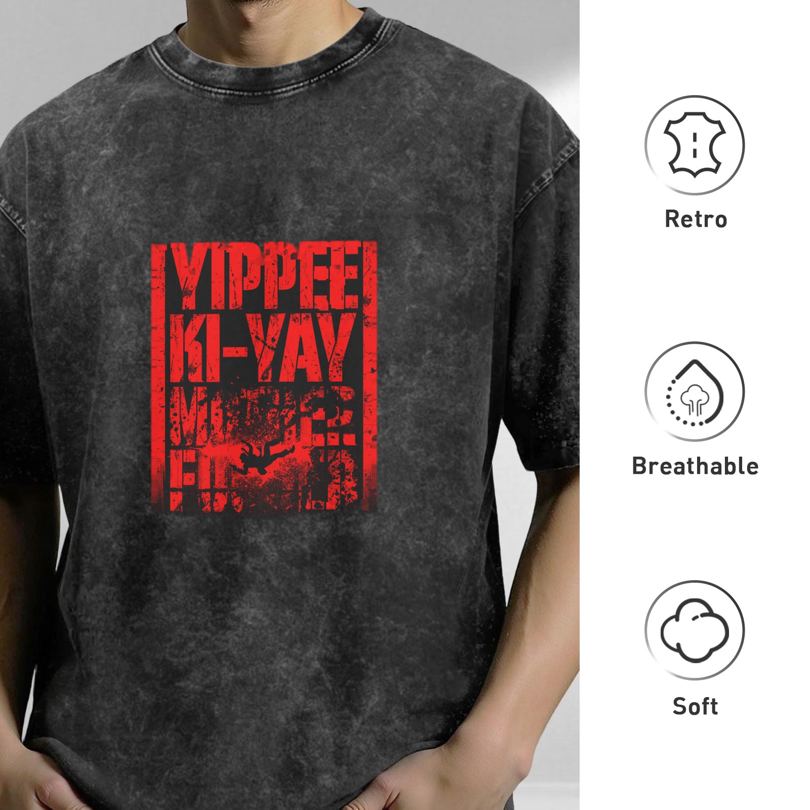 Distressed washed black short-sleeved T-shirt printed YIPPEE KI-YAY theme pattern casual loose style