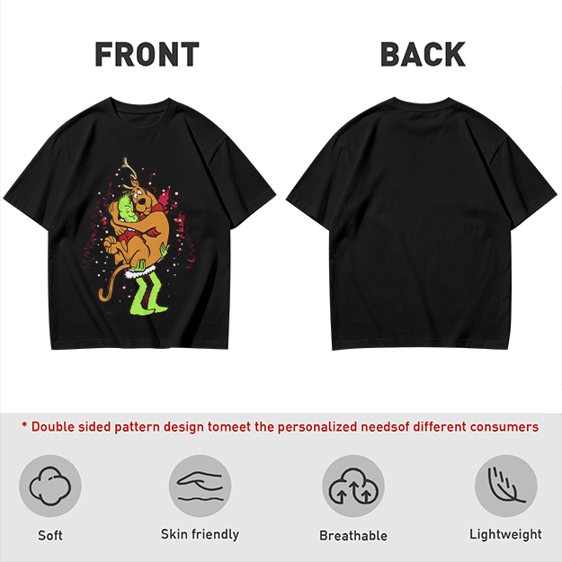 Olive Christmas T-Shirt Featuring Scooby-Doo Hugging The Grinch