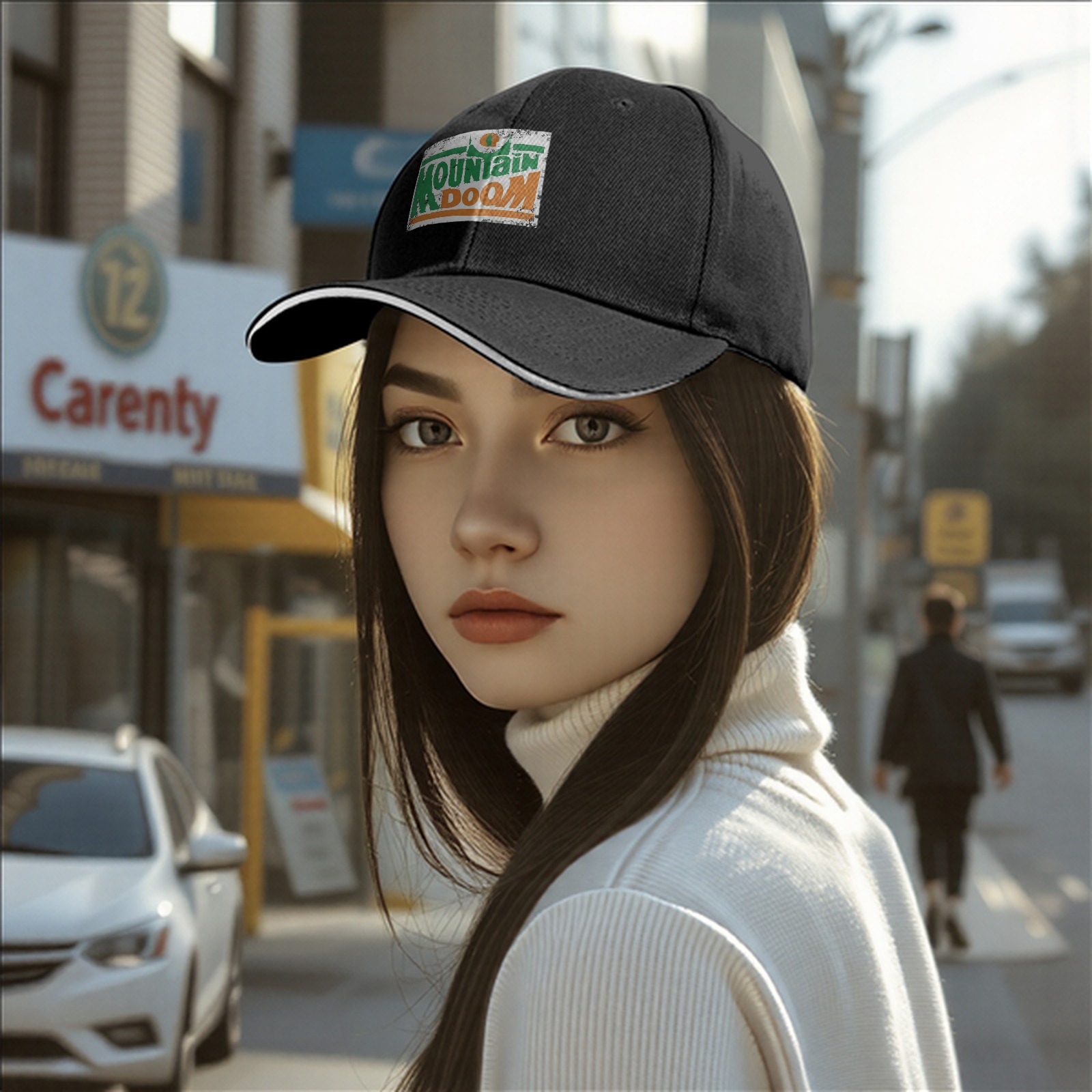 Black baseball cap with Mountain Doom distressed graphic print