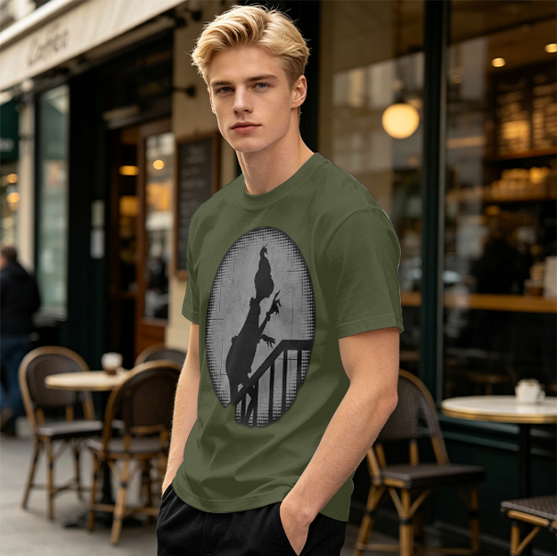 Olive Green T-Shirt With Grinch Silhouette On Staircase Print