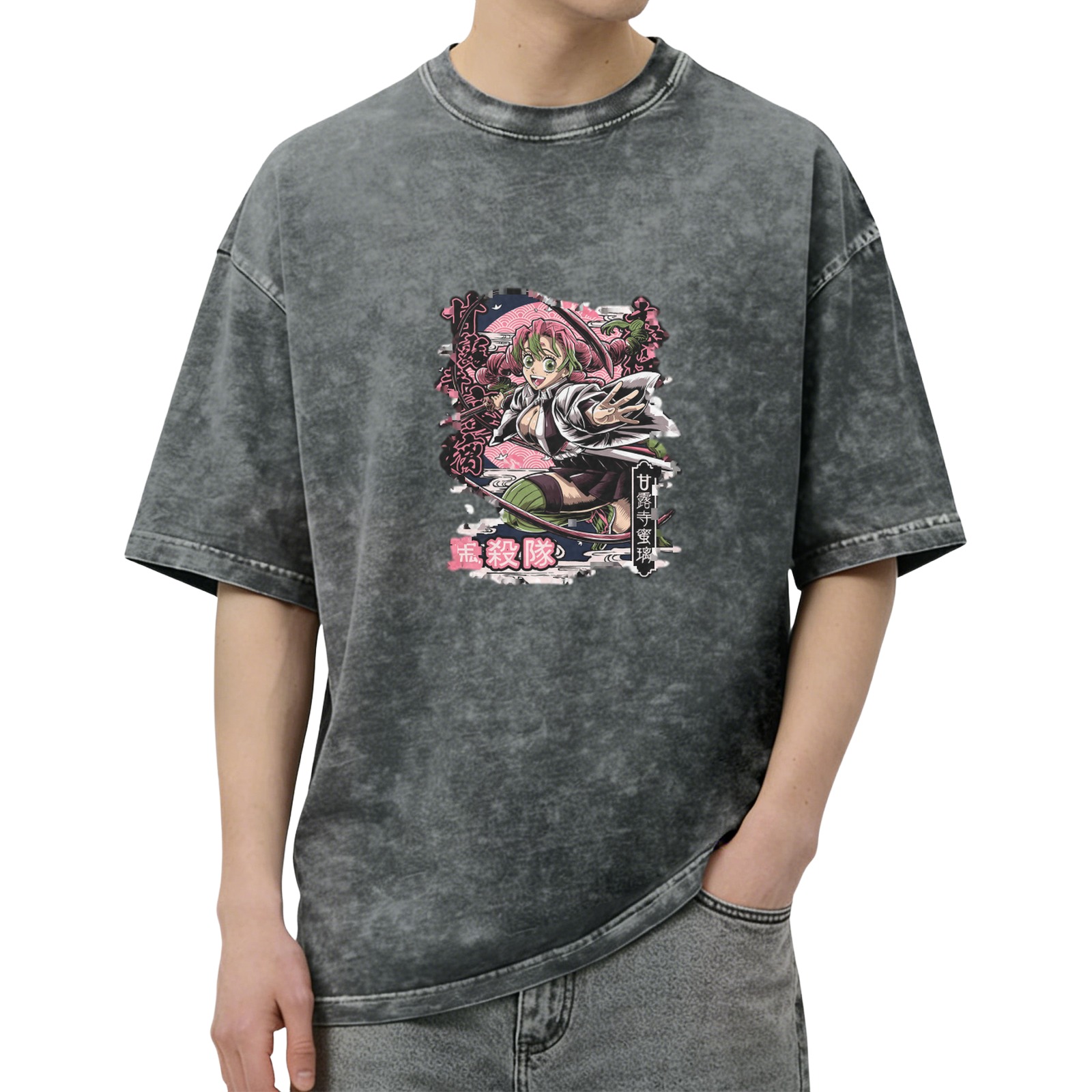 Oversized Washed Black Anime Demon Slayer Mitsuri Kanroji Graphic T-Shirt