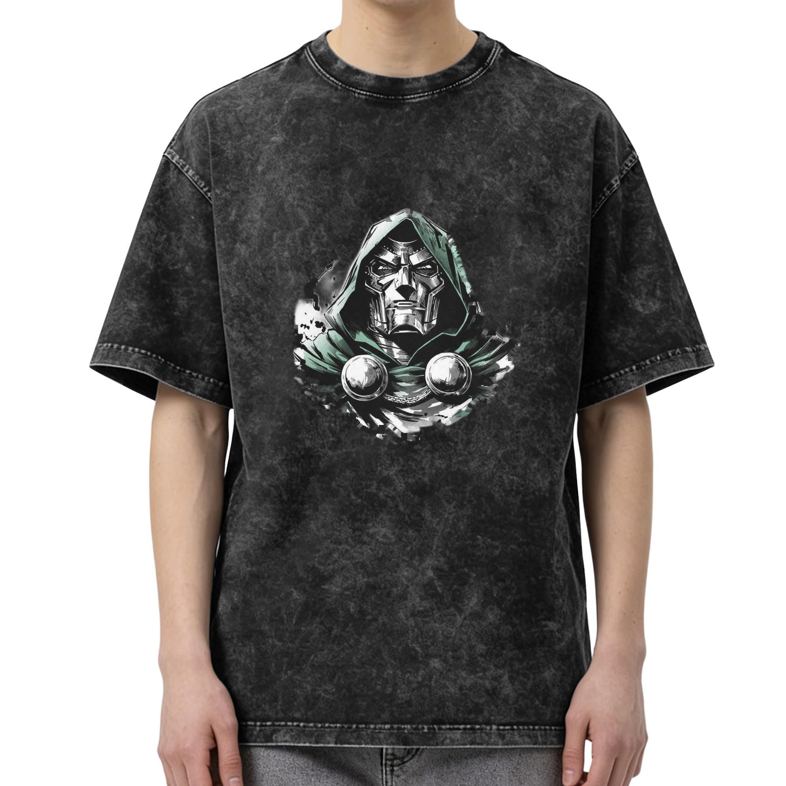 oversized acid wash t-shirt with doctor doom graphic print