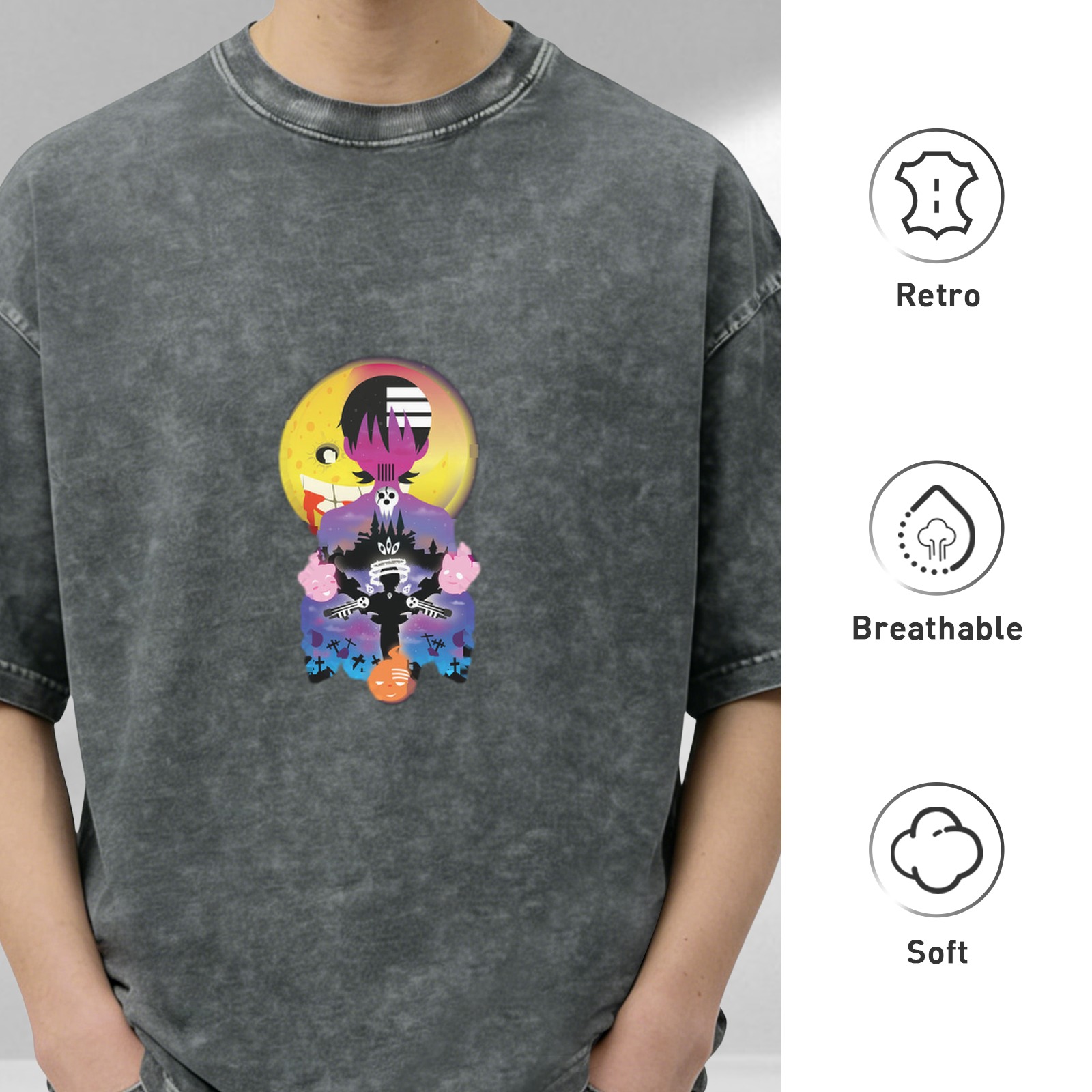 Oversized Acid Wash T-Shirt with Anime Graphic Print