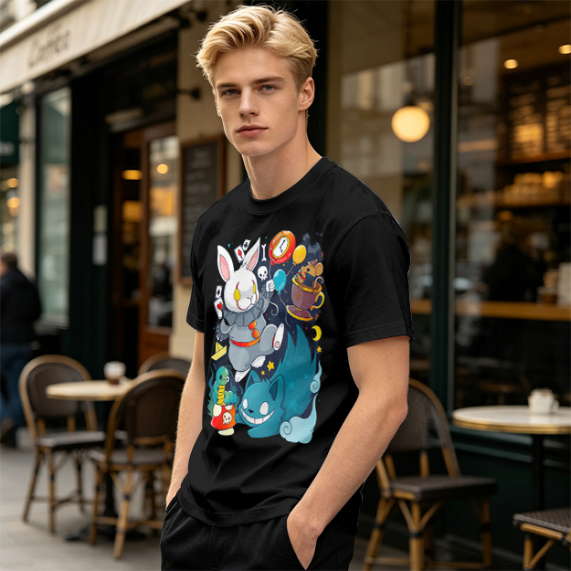 Alice in Wonderland Themed Graphic T-Shirt with Whimsical Characters