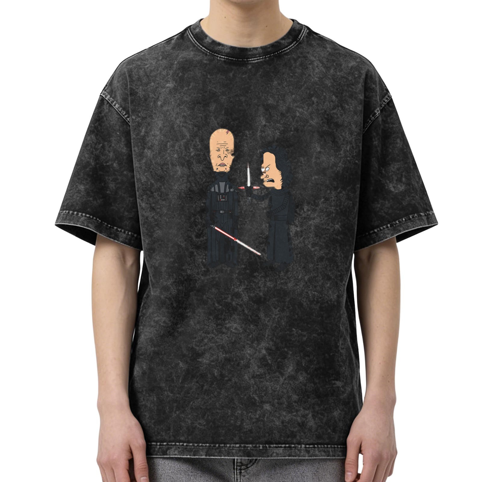 Washed black t-shirt with Beavis and Butt-Head Star Wars Darth Vader vs Kylo Ren graphic