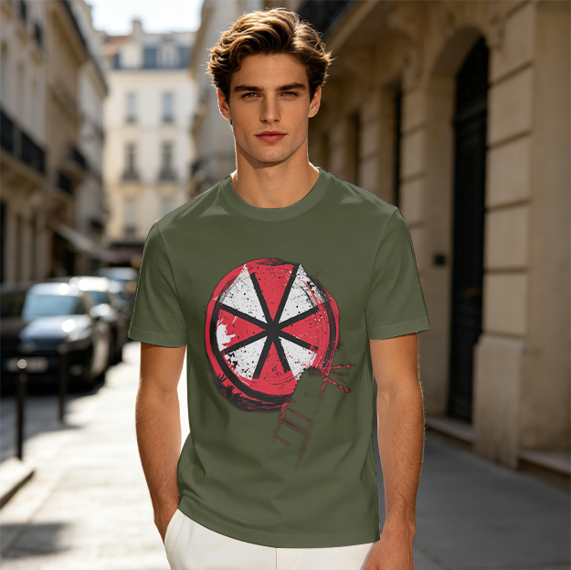 Olive Green T-Shirt With Distressed Red And White Circular Graphic Print