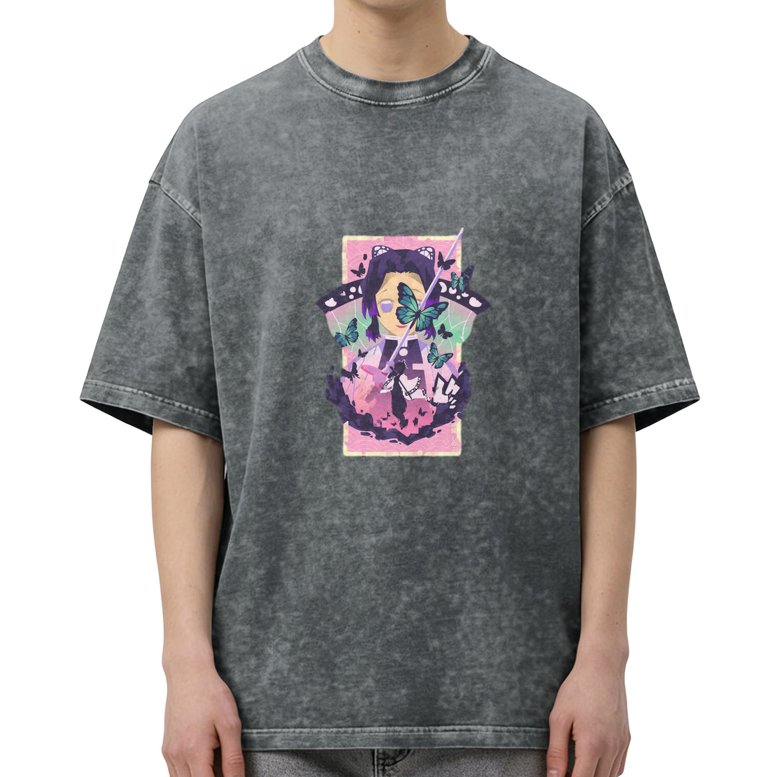 Demon Slayer: Kimetsu no Yaiba Butterfly Ninja themed distressed washed black short-sleeved T-shirt