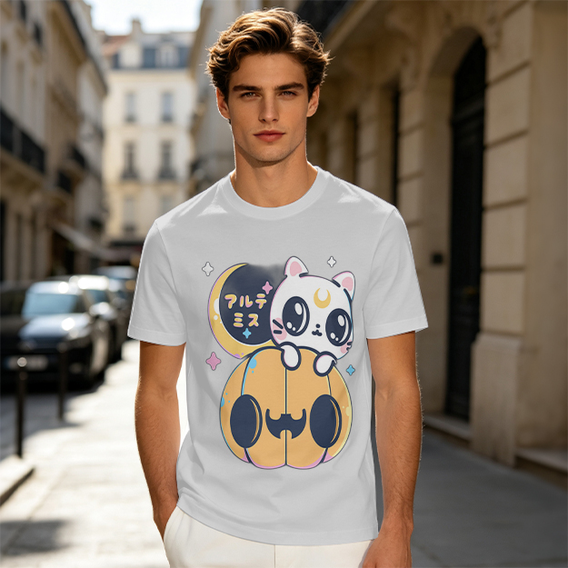 Cute white cat on jack-o'-lantern Halloween graphic tee