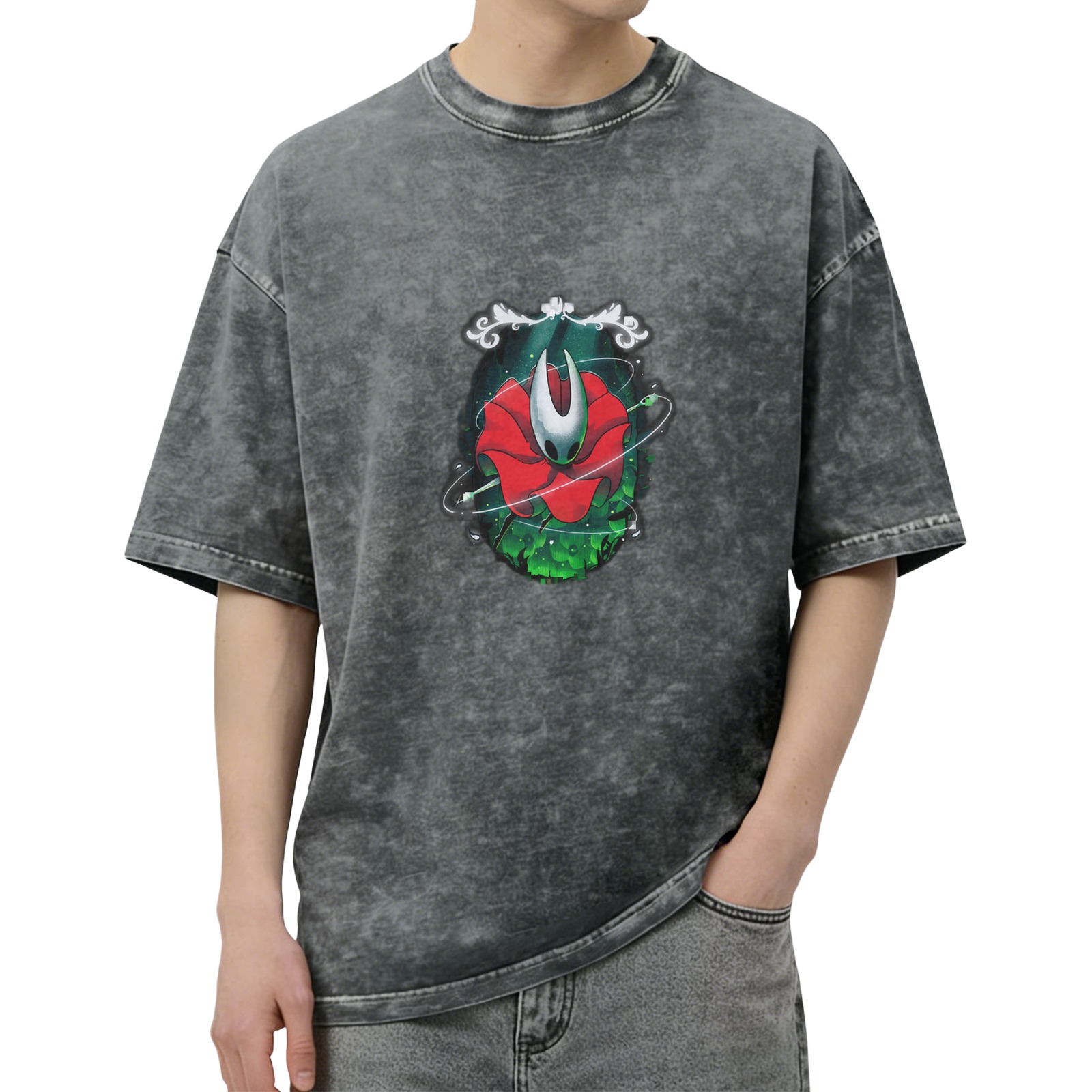 Hollow Knight Hornet Rose Graphic Acid Wash Oversized T-Shirt