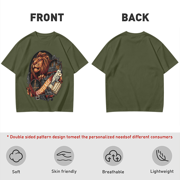 Olive T-Shirt With Lion Courage Themed Fantasy Art Print