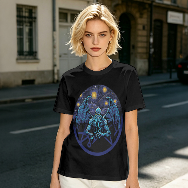 Olive T-Shirt with Cthulhu Starry Night Graphic Print