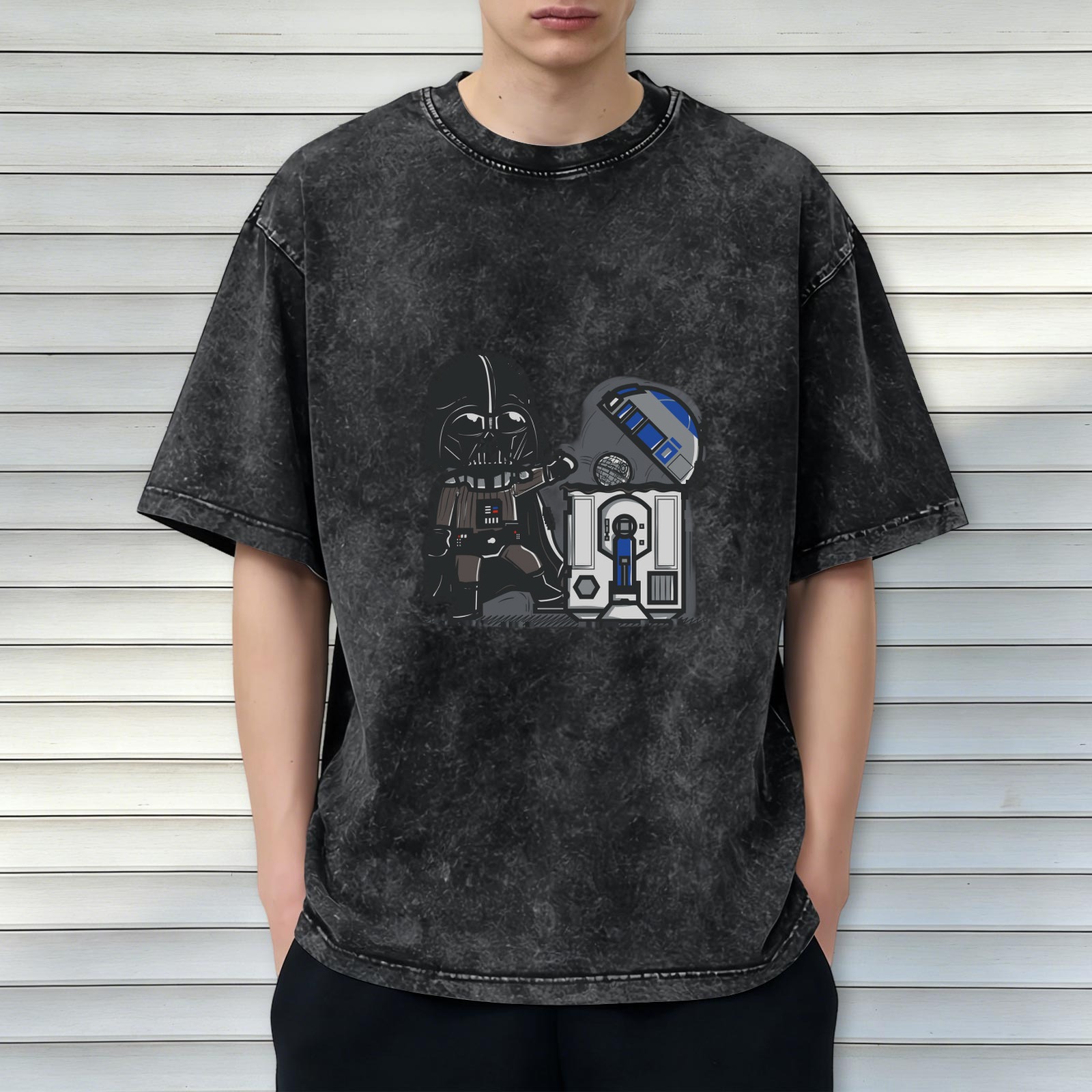 Star Wars Darth Vader & R2-D2 Graphic Acid Wash Cotton T-Shirt