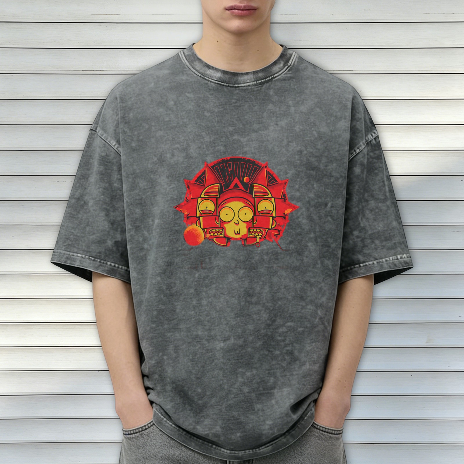 Washed Black T-Shirt With Red And Yellow Cartoon Graphic Print
