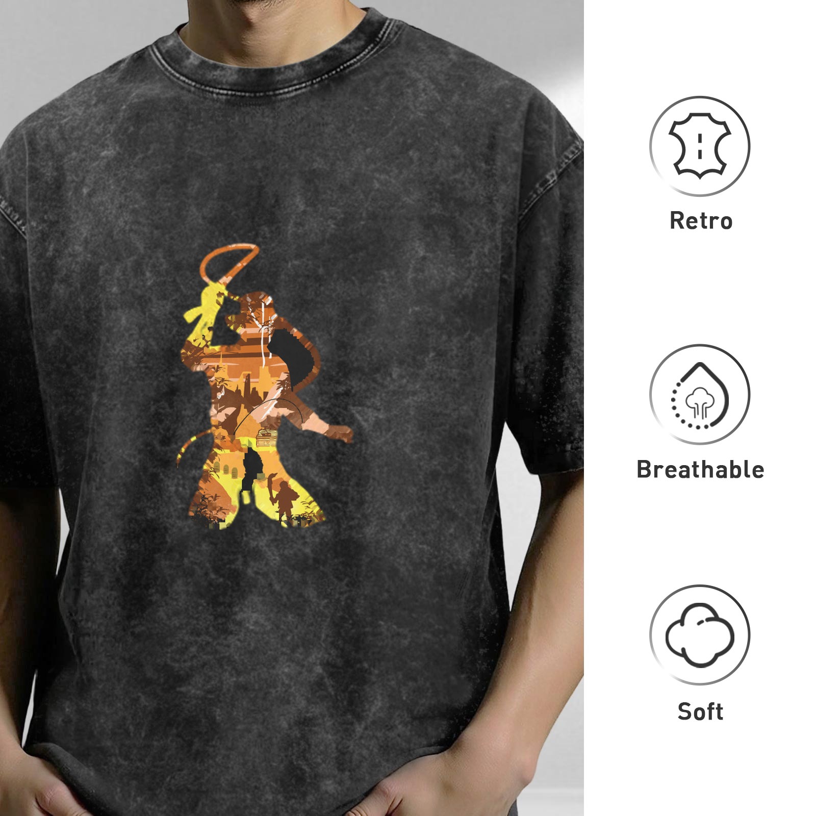 Washed Black Oversized T-Shirt With Monkey King Silhouette Graphic