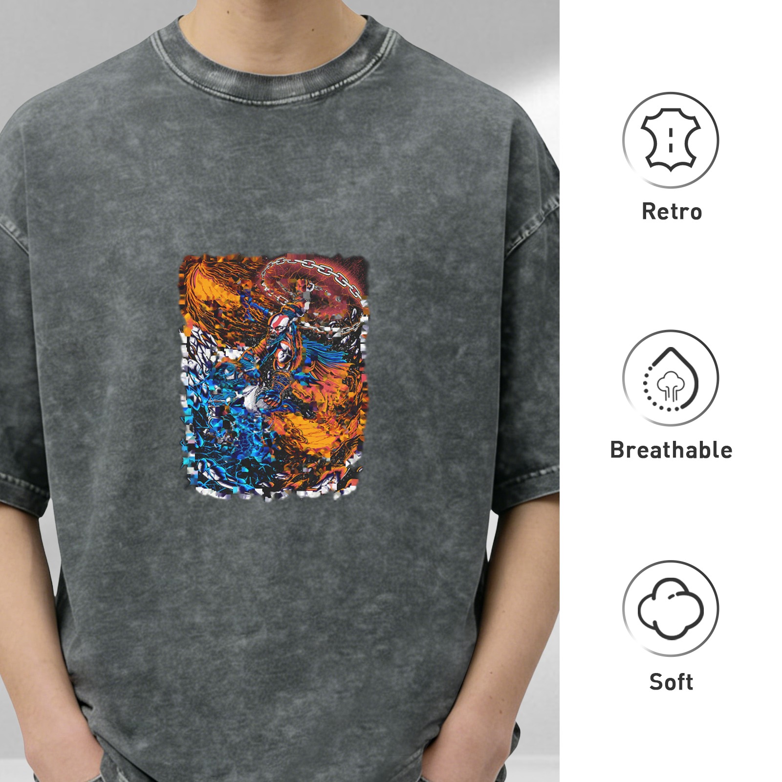 Oversized Acid Wash Graphic T-Shirt with Fire and Water Art Print