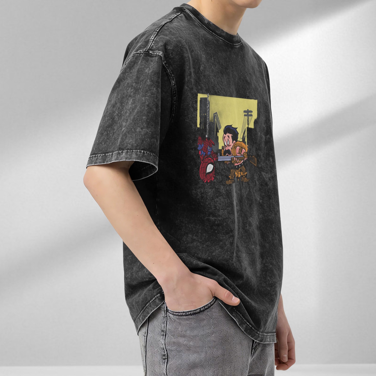 Washed black graphic tee with Spider-Man and hunter cartoon print