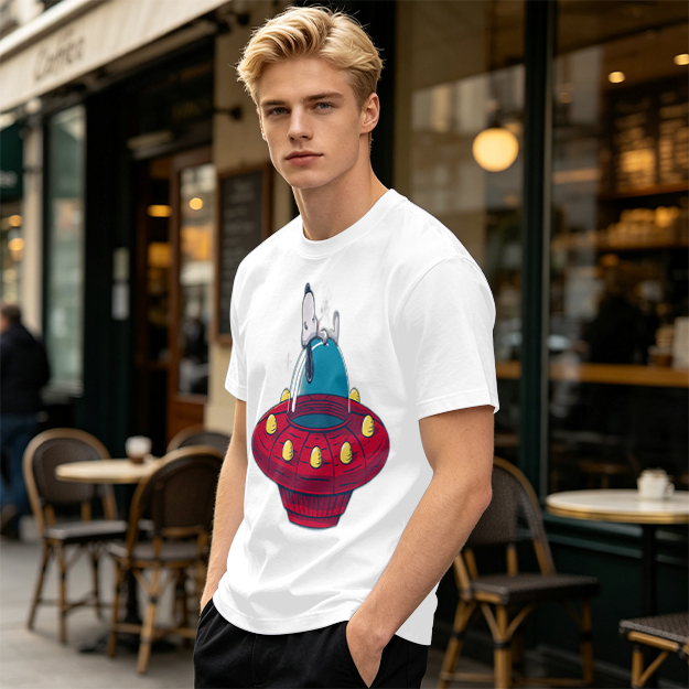 Olive T-Shirt Featuring Snoopy Relaxing in a Red UFO