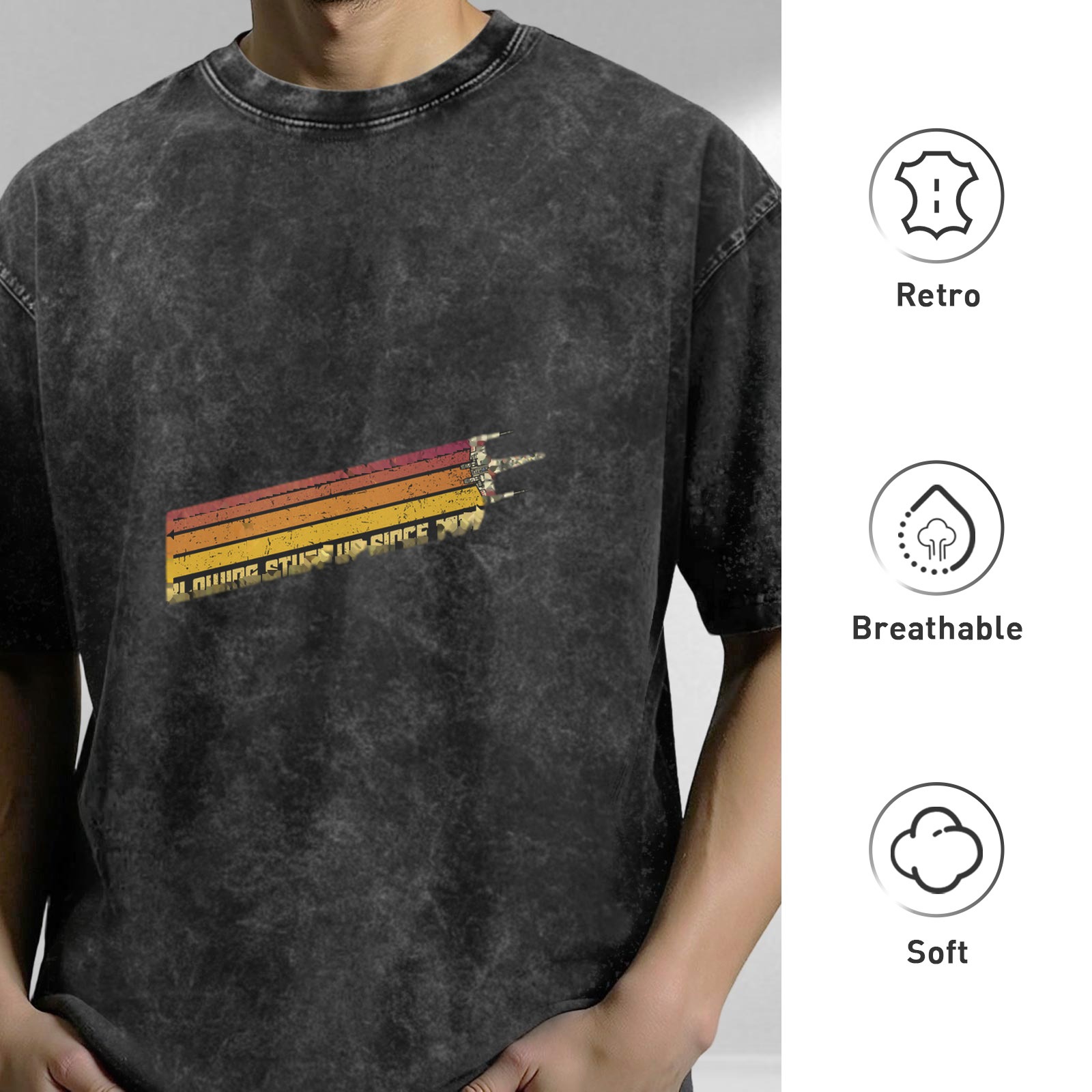 Distressed washed black retro striped pattern short-sleeved T-shirt