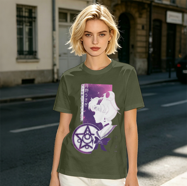 Olive T-shirt with Sailor Moon Anime Silhouette Graphic