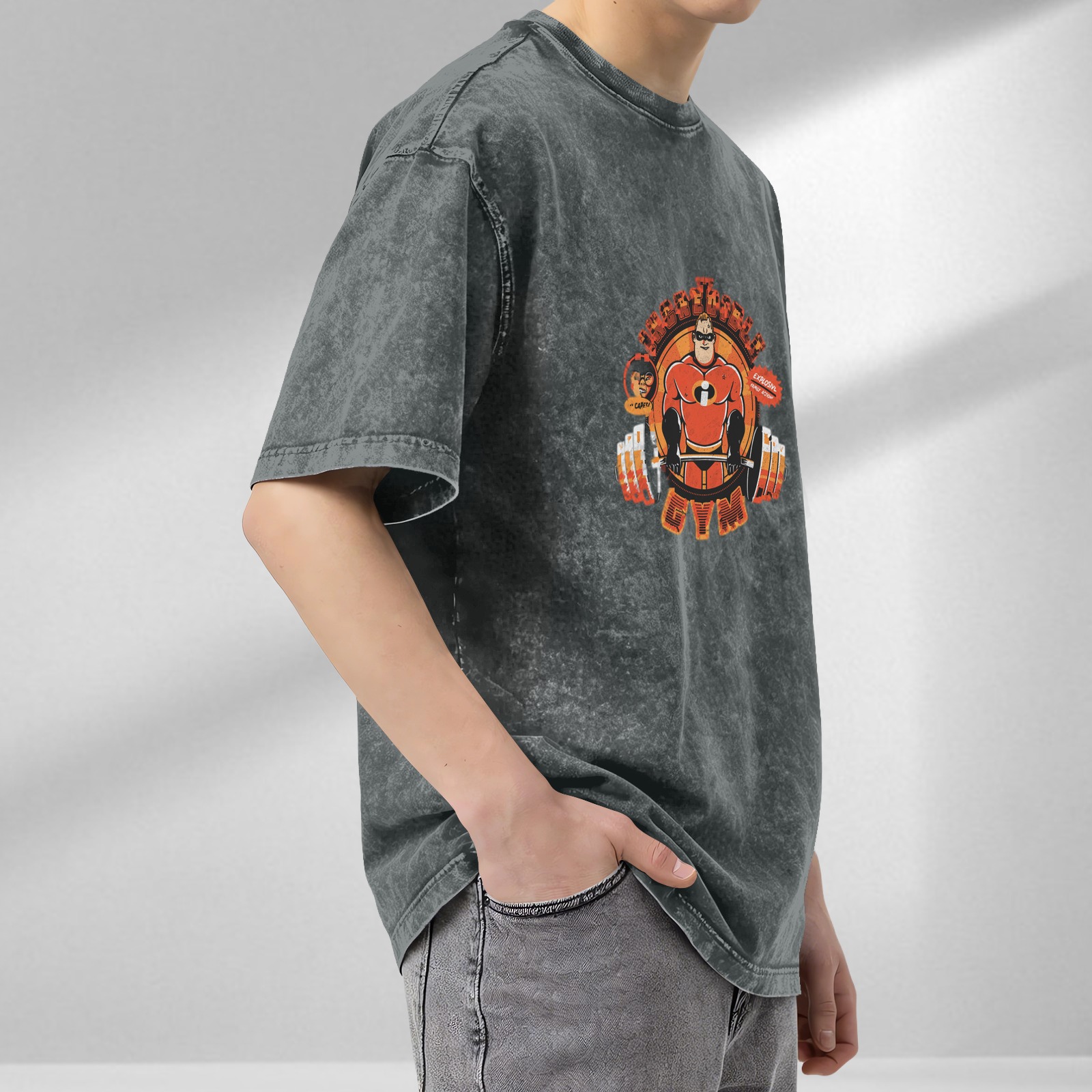 Washed black t-shirt with Incredibles gym weightlifting graphic