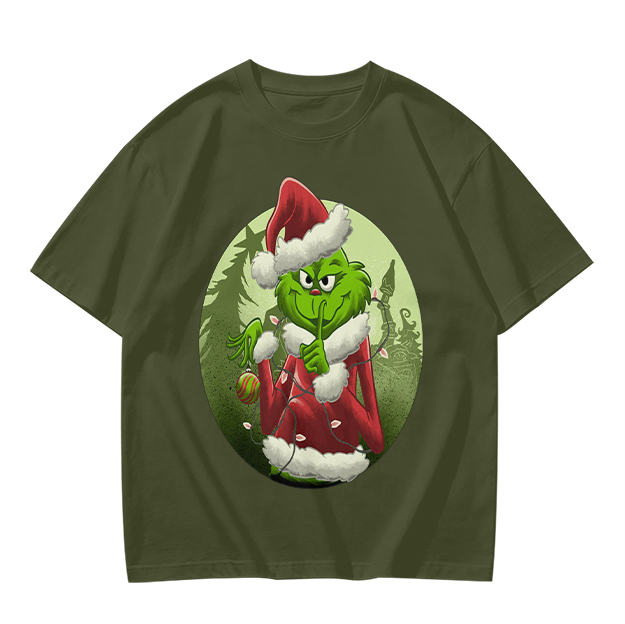 Olive Green T-Shirt Featuring The Grinch In Santa Costume