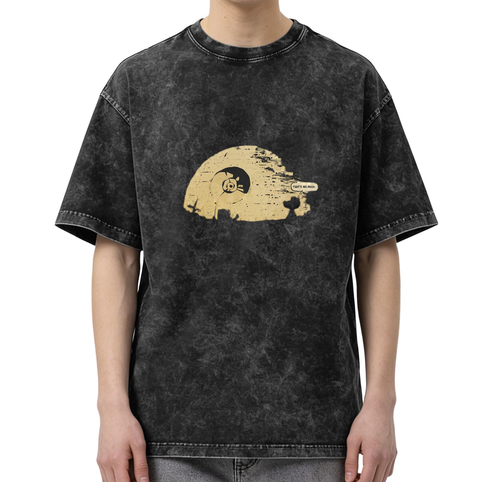Distressed washed black Star Wars theme T-shirt round neck short-sleeved casual top