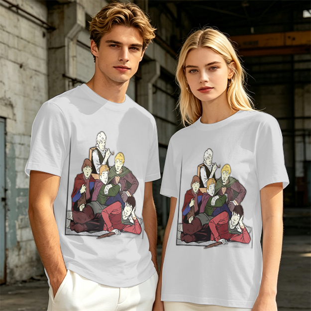 Olive T-shirt with Group of Fantasy Characters Graphic Print