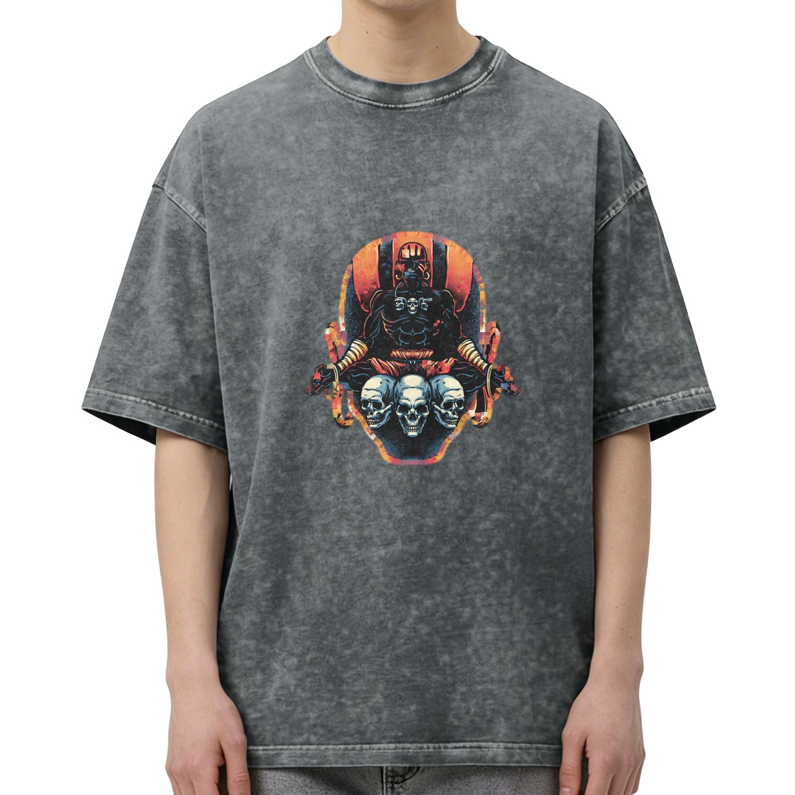 Washed Black T-Shirt With Dark Warrior And Skulls Graphic