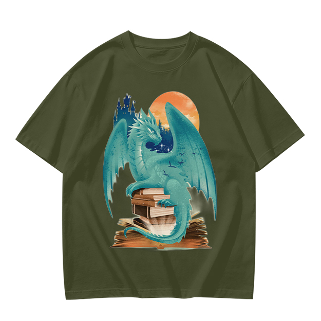 Teal Dragon Perched on Stacked Books Fantasy Graphic T-Shirt