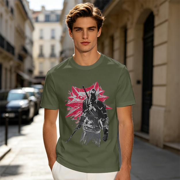 Olive T-Shirt Featuring Witcher Warrior and Wolf Emblem Art