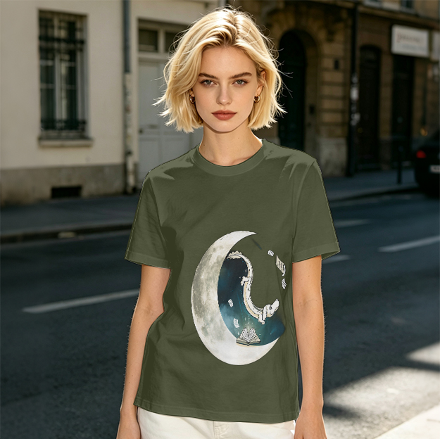 Olive T-shirt with Crescent Moon Galaxy Astronaut Graphic