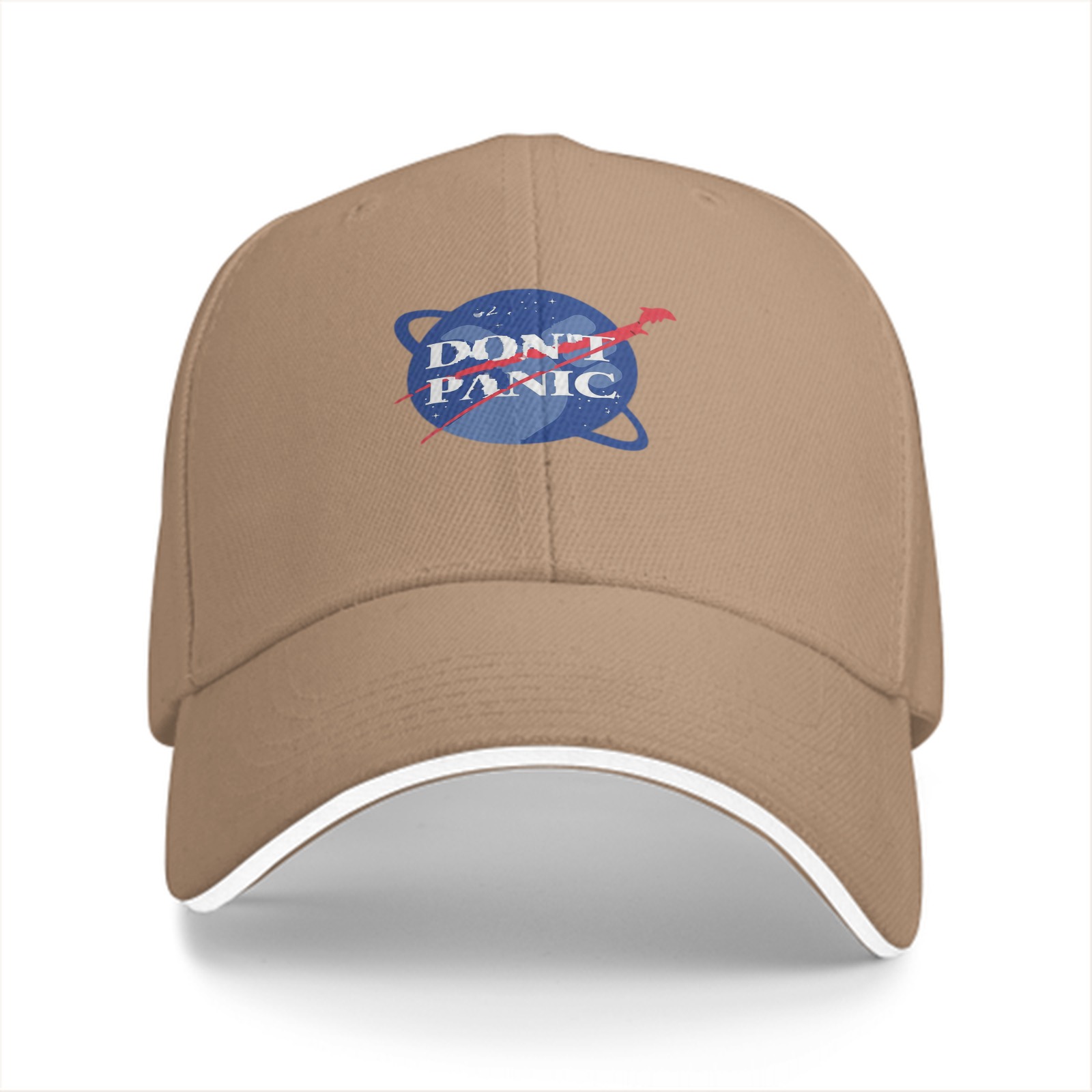 Black baseball cap with Don't Panic NASA-style space graphic