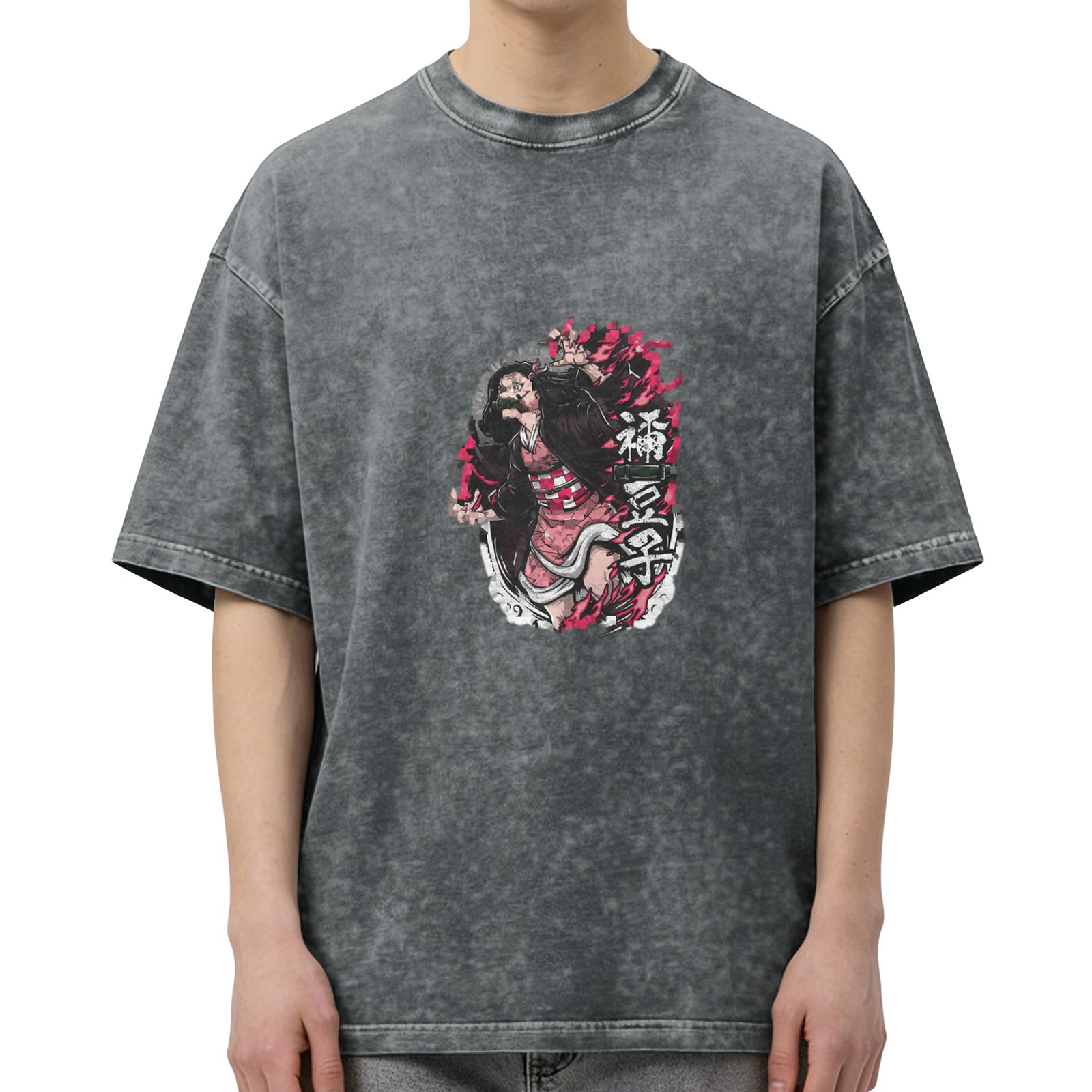 Oversized Acid Wash Anime Demon Slayer Nezuko Graphic T-Shirt