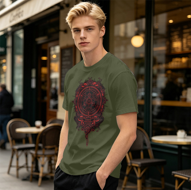 Olive T-Shirt With Red Occult Magic Circle Graphic