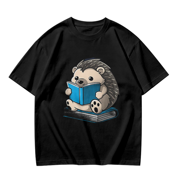 Olive T-shirt with Cute Hedgehog Reading a Book Graphic