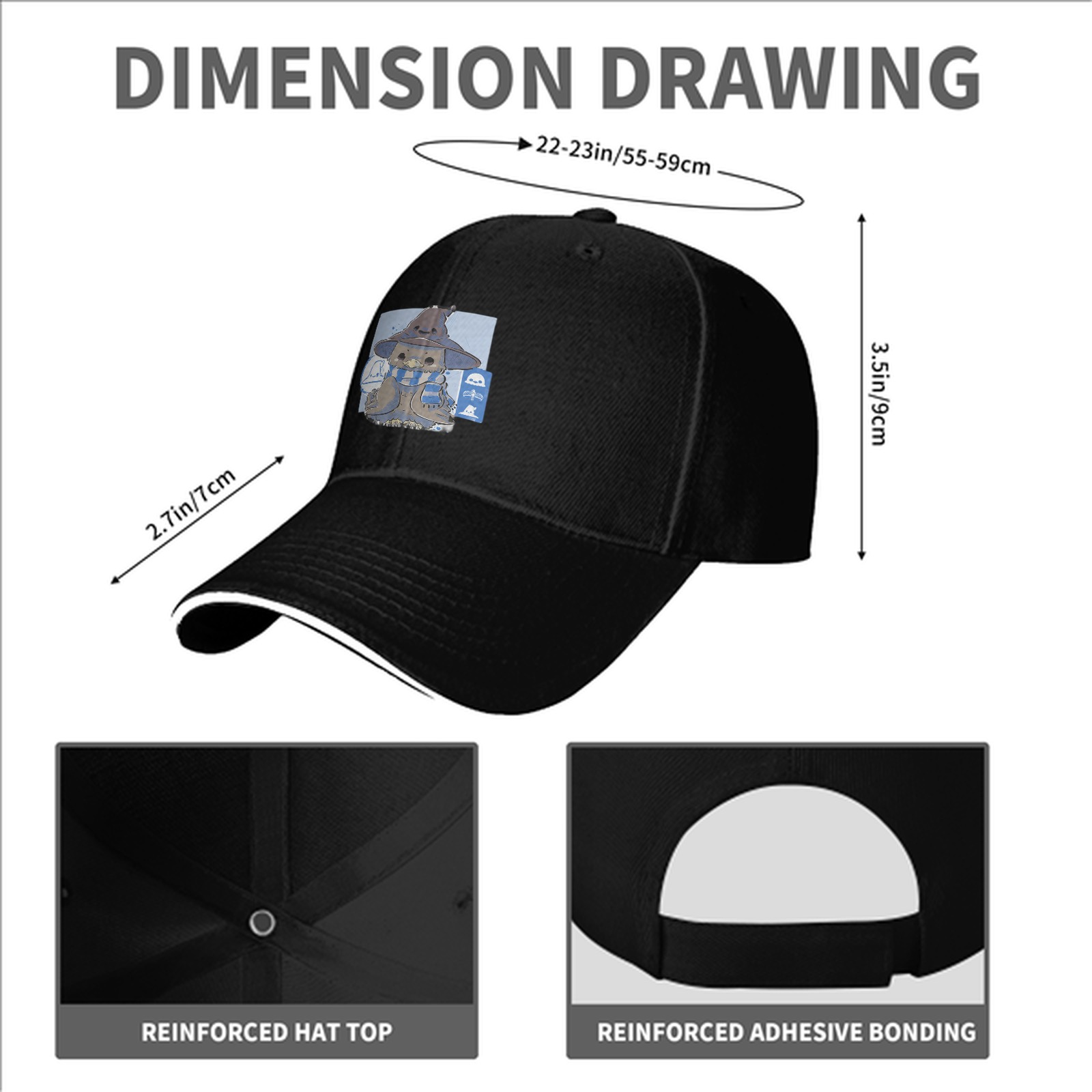 Black Baseball Cap With Cute Wizard Owl Graphic Print