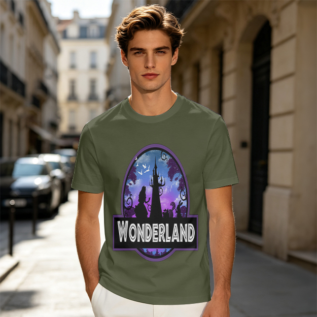 Olive green t-shirt with Wonderland fantasy castle graphic print