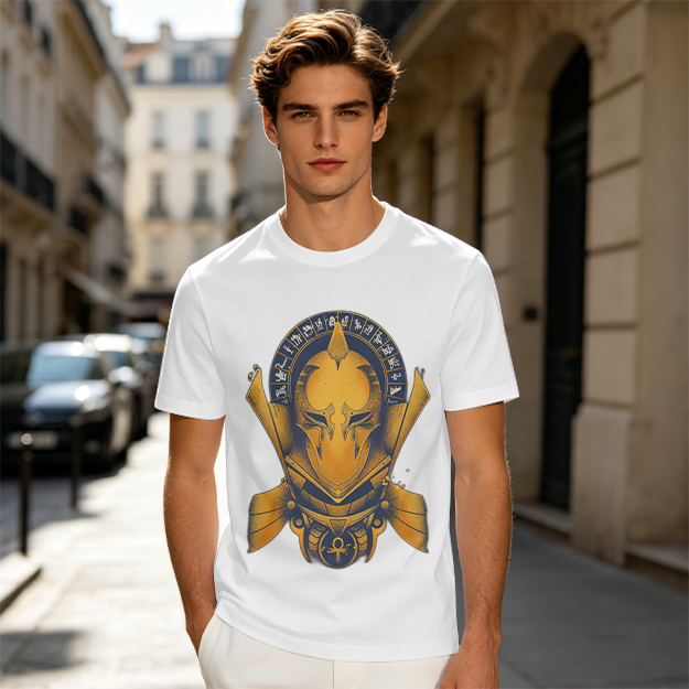 Olive T-Shirt with Ancient Egyptian Style Golden Helmet Print