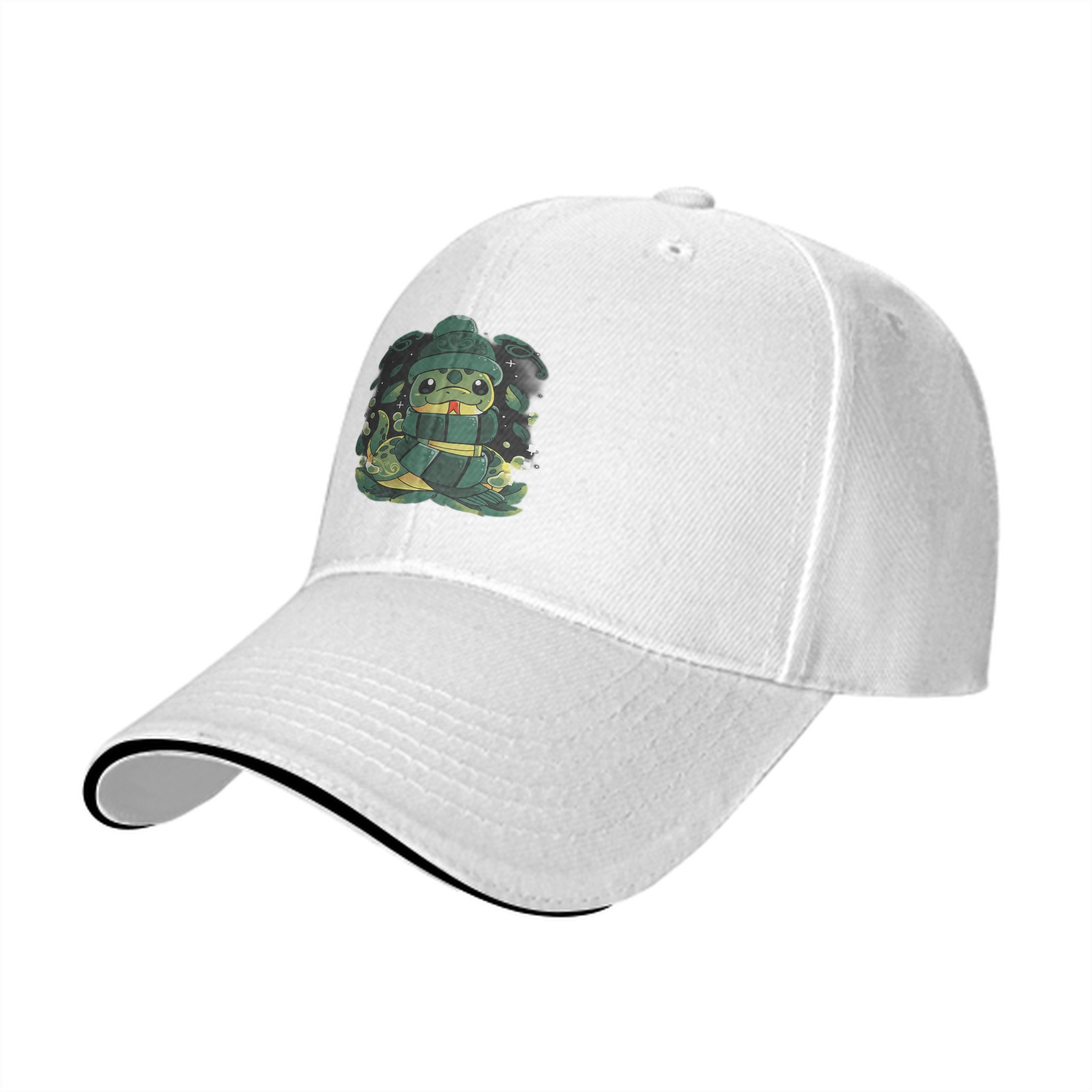 Black Baseball Cap With Cute Cartoon Snake Graphic Design