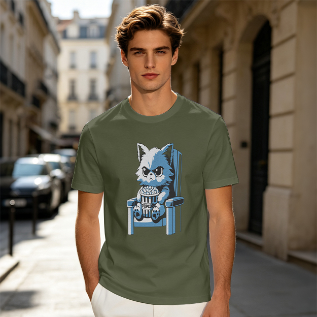 Olive T-shirt with Grumpy Cat Holding Popcorn in Theater Chair
