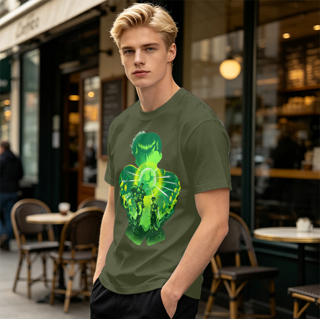 Anime Character Silhouette Glowing Green Graphic T-Shirt
