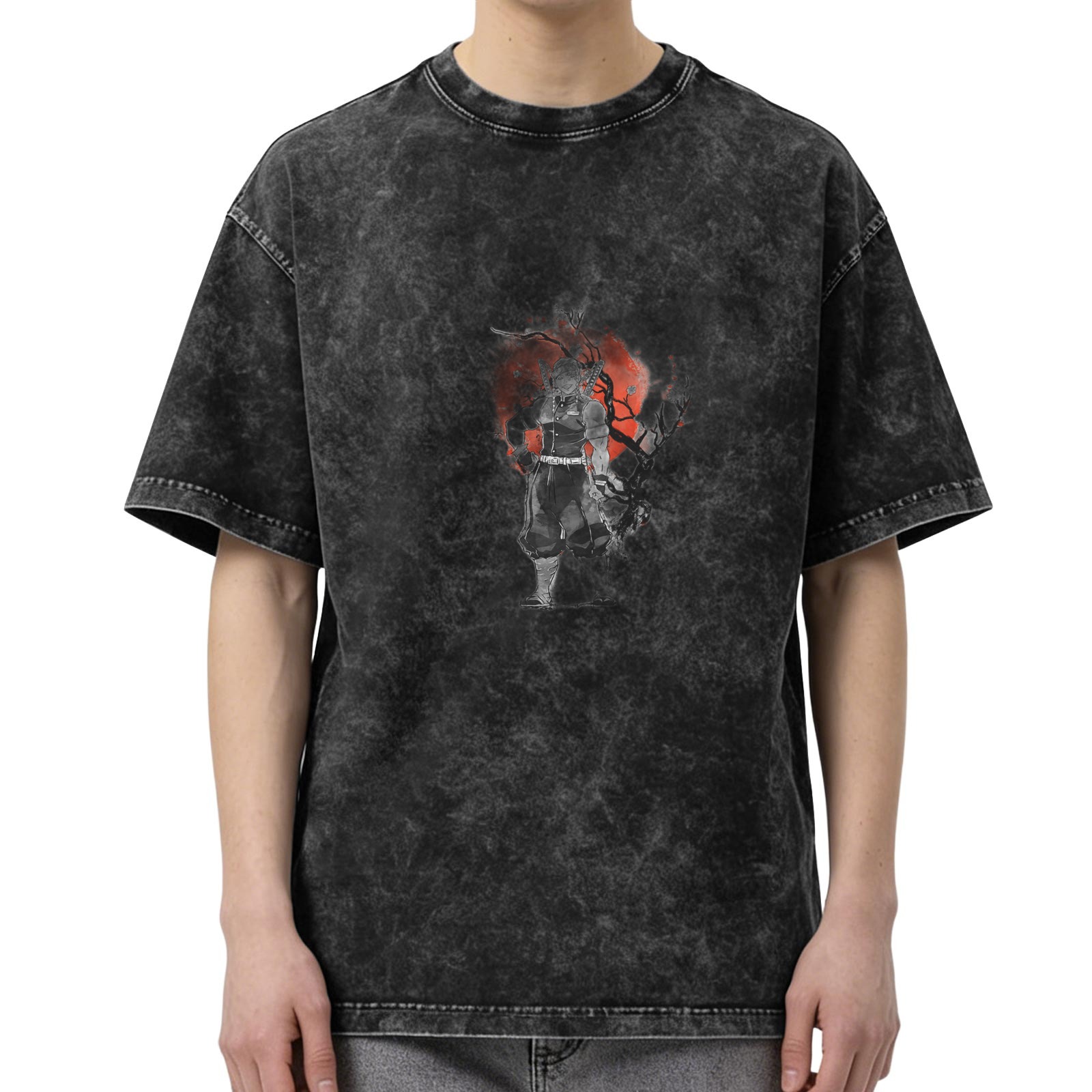 Oversized acid wash t-shirt with dark warrior and red moon graphic